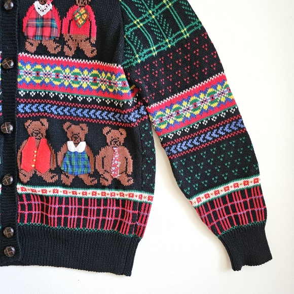 Vintage 1992 Susan Bristol Hand Knit Bear Pattern Colorful Cardigan Sweater Sz S - Picture 4 of 15